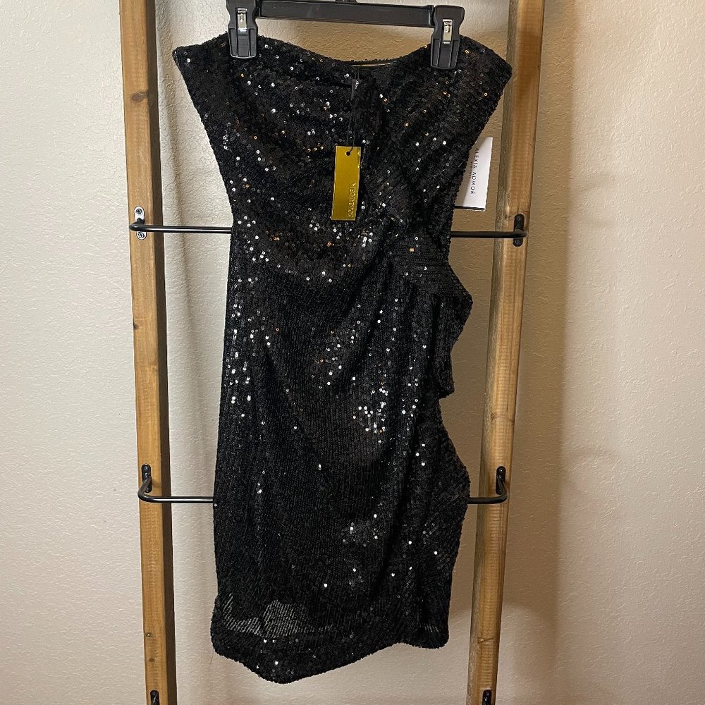 Strapless Black Sequin Ruffle Sheath Dress